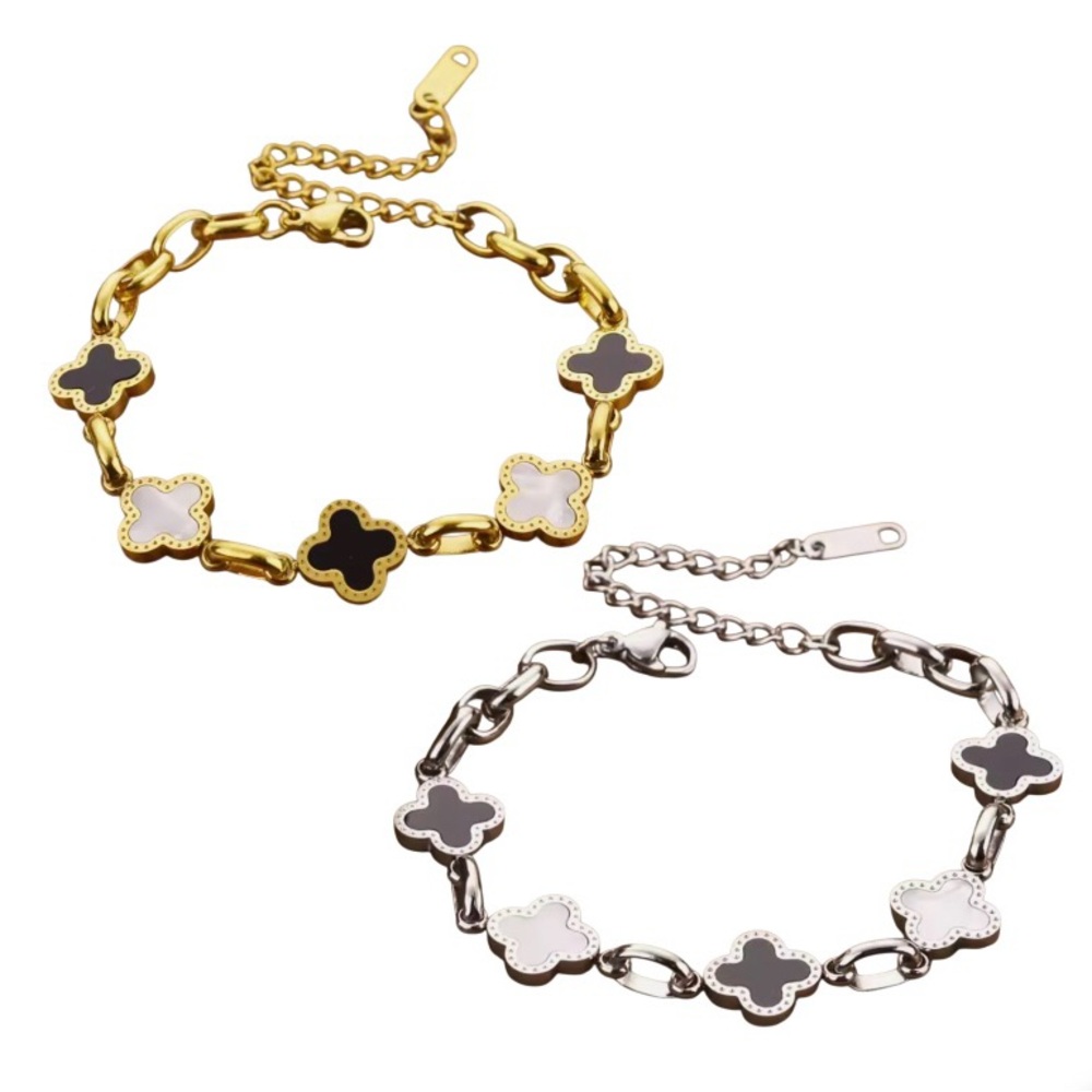 Black and White Clover Link Chain Bracelet Titanium Steel